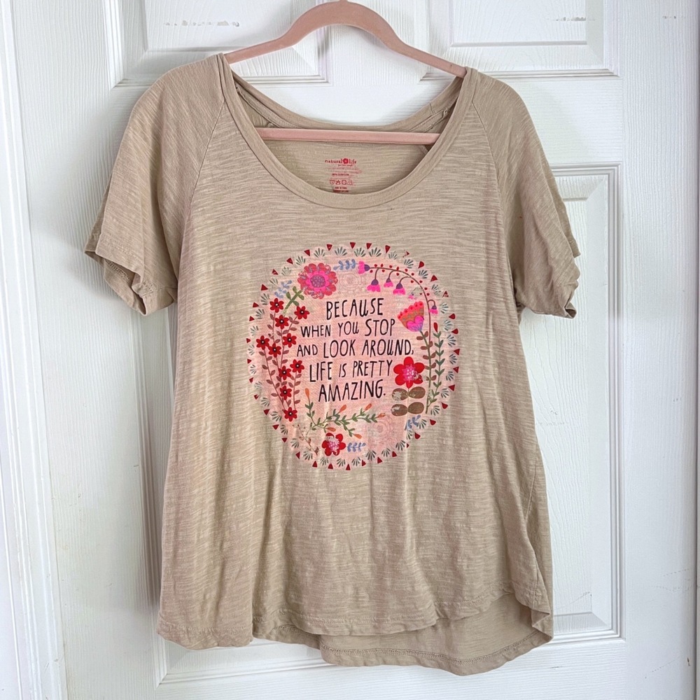 Natural Life Graphic Tee XL Womens Cotton Slub Scoop Neck Tan Boho Inspirational